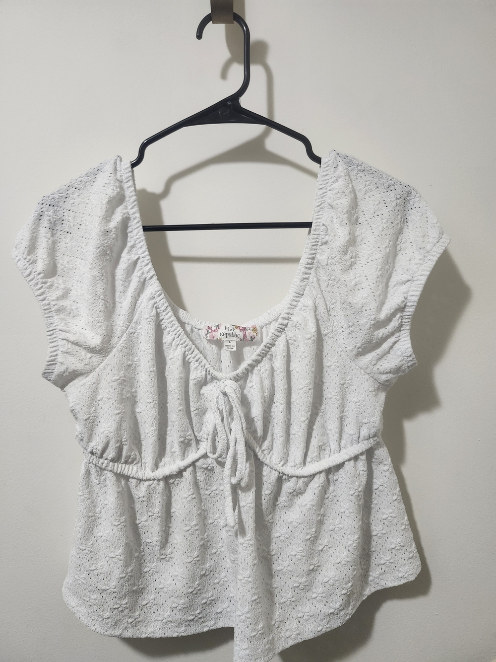 Pink Republic White Eyelet Tie-Front Peasant Top